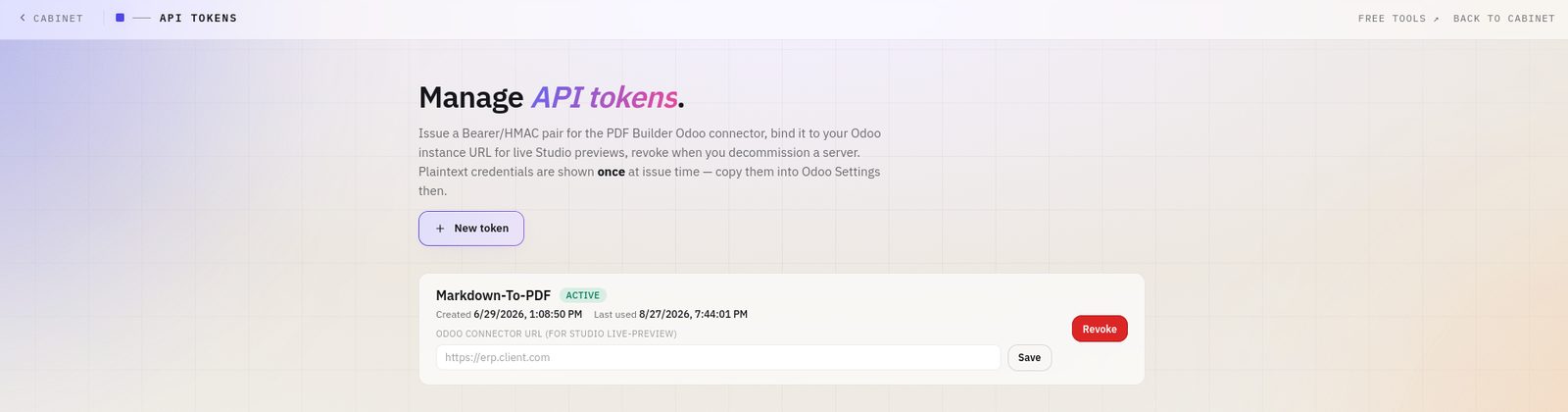 The API tokens page in the cabinet: a New token button and one issued token named Markdown-To-PDF, marked Active, with its creation and last-used dates and a Revoke button.