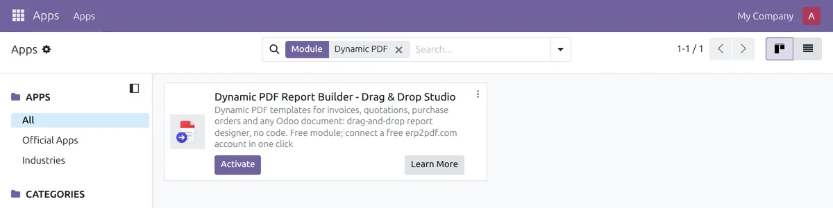 Dynamic PDF Report Builder - Drag & Drop Studio in der Apps-Liste von Odoo mit der Schaltfläche Aktivieren