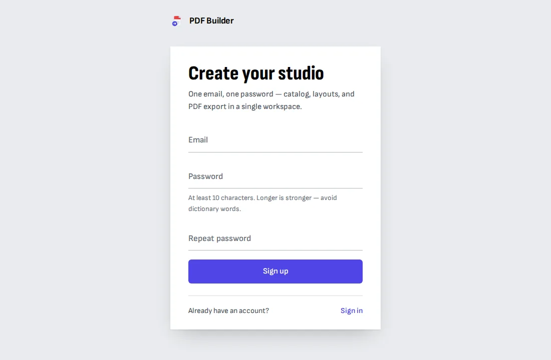 The erp2pdf.com sign-up form: email, password, repeat password