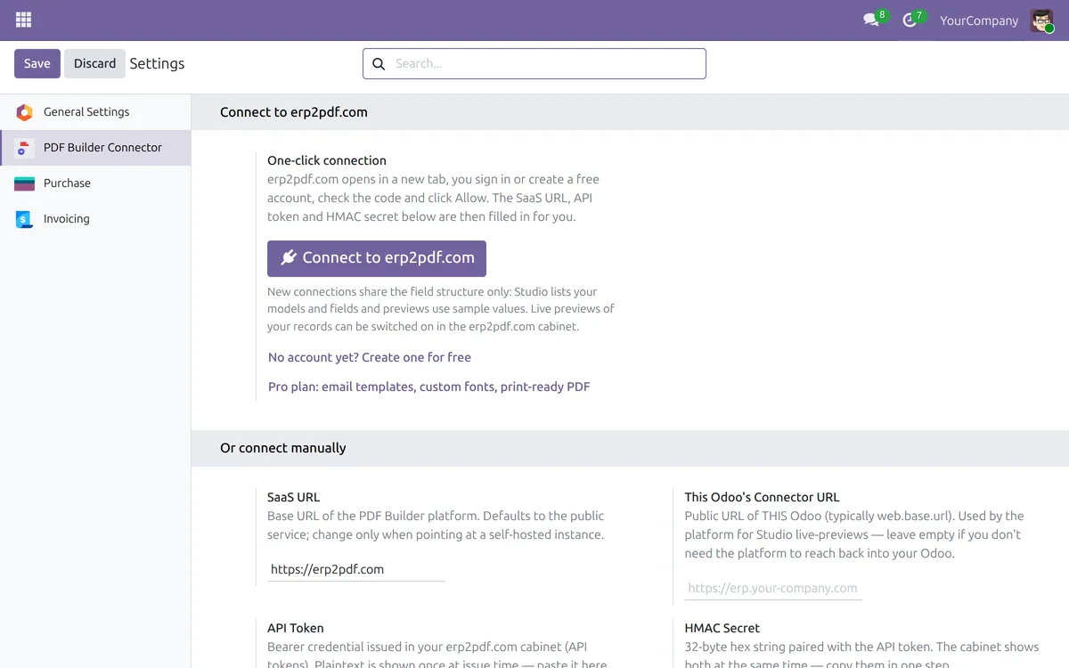 Einstellungen, PDF Builder Connector in Odoo mit der Schaltfläche „Connect to erp2pdf.com“ über den Feldern für die manuelle Verbindung