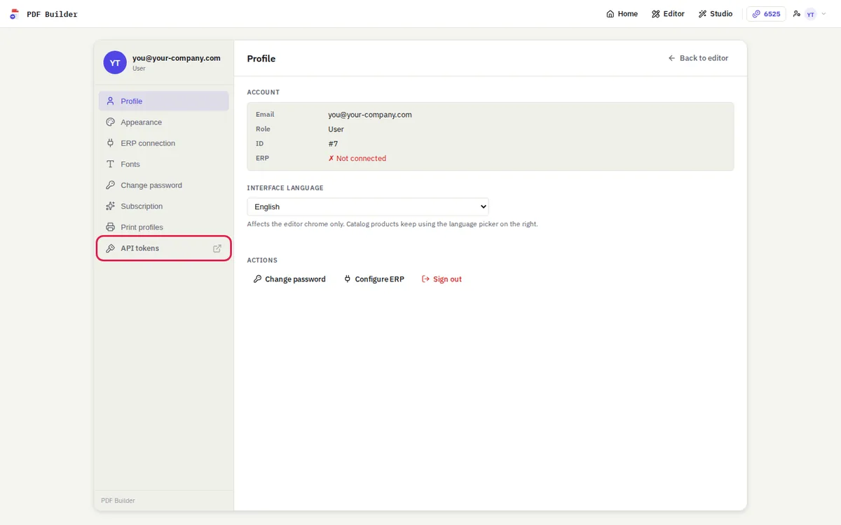 The cabinet with API tokens in the menu