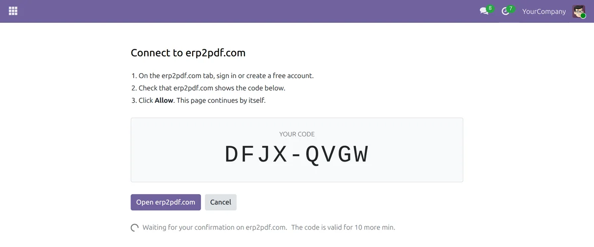 Die Seite „Connect to erp2pdf.com“ in Odoo zeigt den Code und wartet auf die Bestätigung