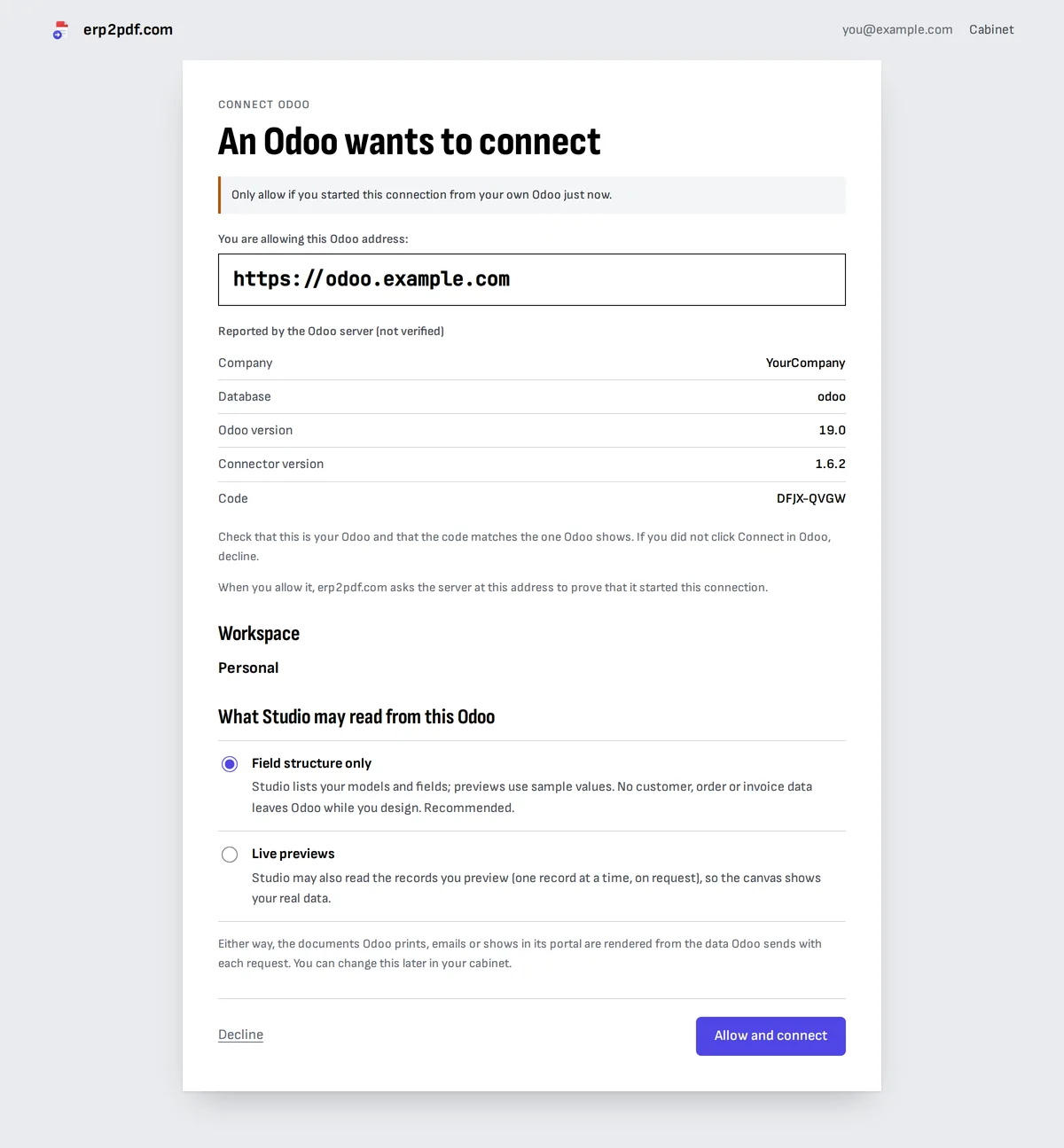 Die Seite „Odoo verbinden“ auf erp2pdf.com: Odoo-Adresse, Unternehmen, Datenbank, Versionen und Code, der Workspace und die Wahl zwischen „Nur die Feldstruktur“ und „Live-Vorschauen“