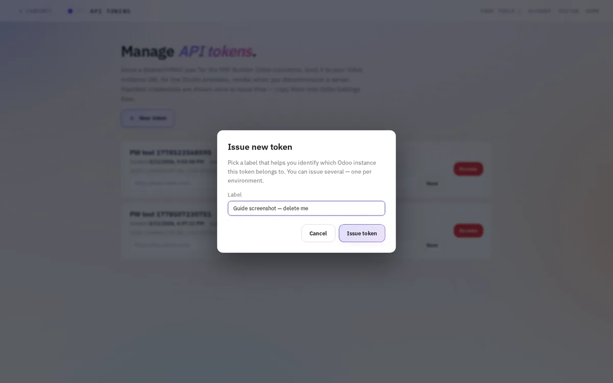 The New token dialog with a name field