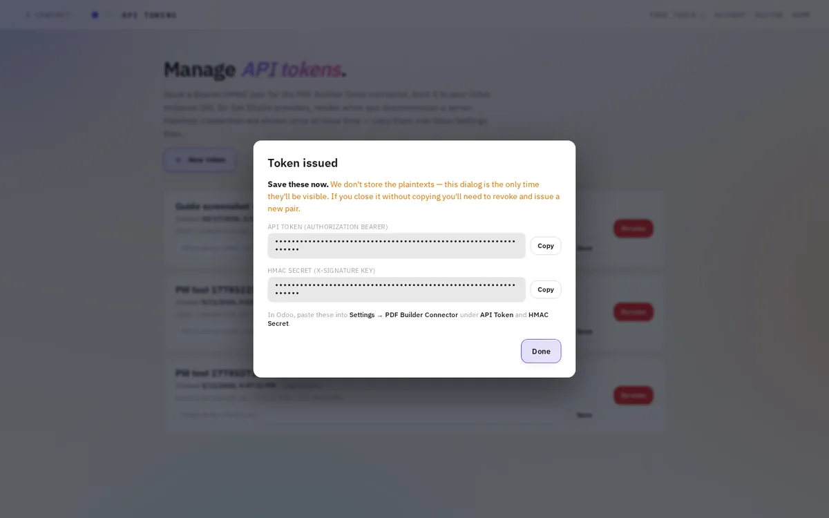 The Token issued dialog with the API token and HMAC secret, masked, and Copy buttons