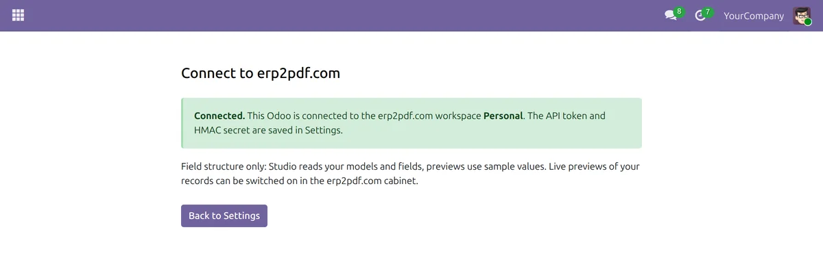 Die Seite „Connect to erp2pdf.com“ in Odoo mit „Connected“, dem Namen des Workspace und der Schaltfläche „Back to Settings“
