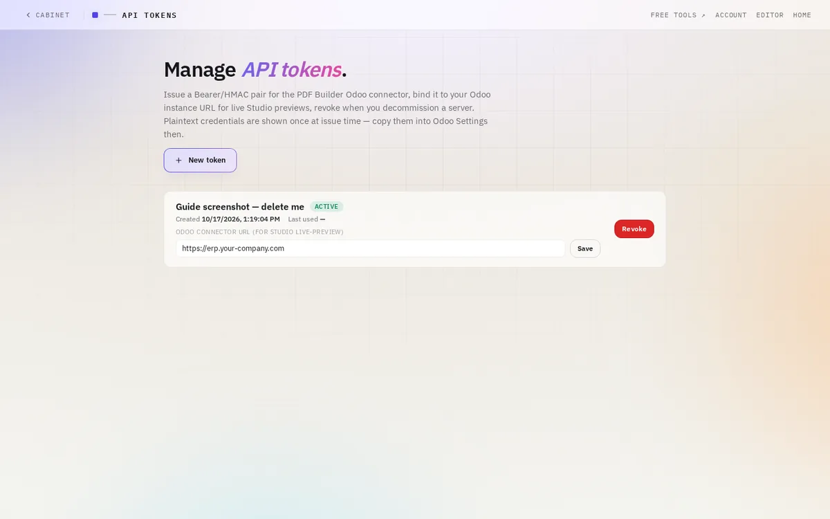 The token list with the new token, its connector URL field and a Revoke button