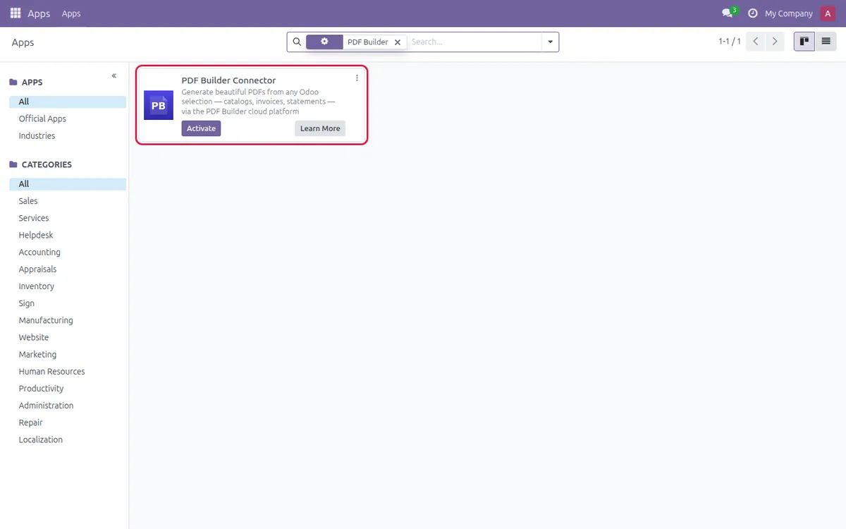 PDF Builder Connector in the Odoo Apps list with an Activate button