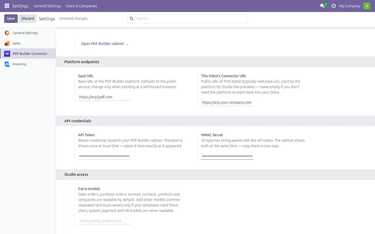 Settings, PDF Builder Connector in Odoo: SaaS URL, connector URL, API token and HMAC secret