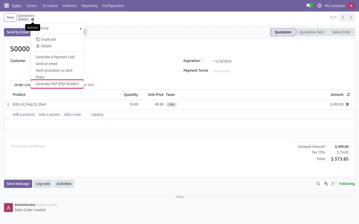 The Actions menu on an Odoo quotation with Generate PDF (PDF Builder)