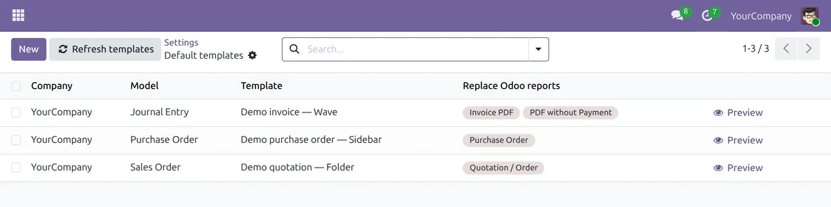 „Default templates“ in Odoo: Buchungssätze, Bestellungen und Verkaufsaufträge, jeweils mit Vorlage, den ersetzten Odoo-Berichten und einer Schaltfläche „Preview“