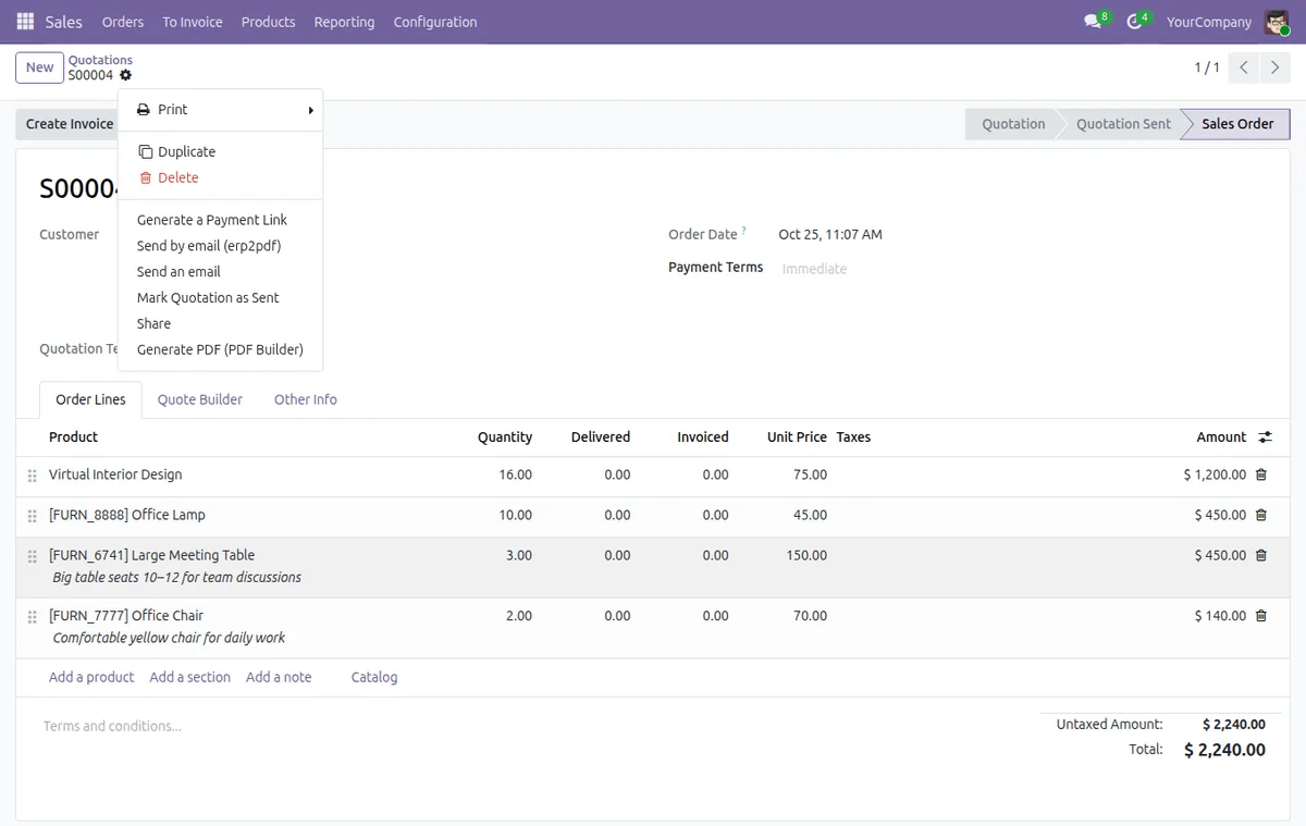 Das Menü Aktionen eines Odoo-Angebots mit „Generate PDF (PDF Builder)“ und „Send by email (erp2pdf)“