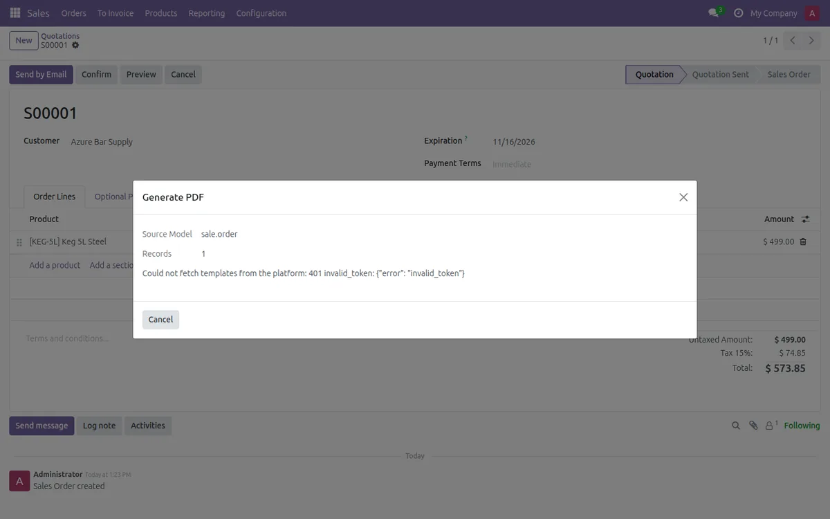 Der Dialog „Generate PDF“ in Odoo mit dem Fehler invalid_token