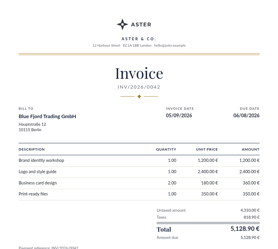 An invoice in the Elegant style, filled with sample data