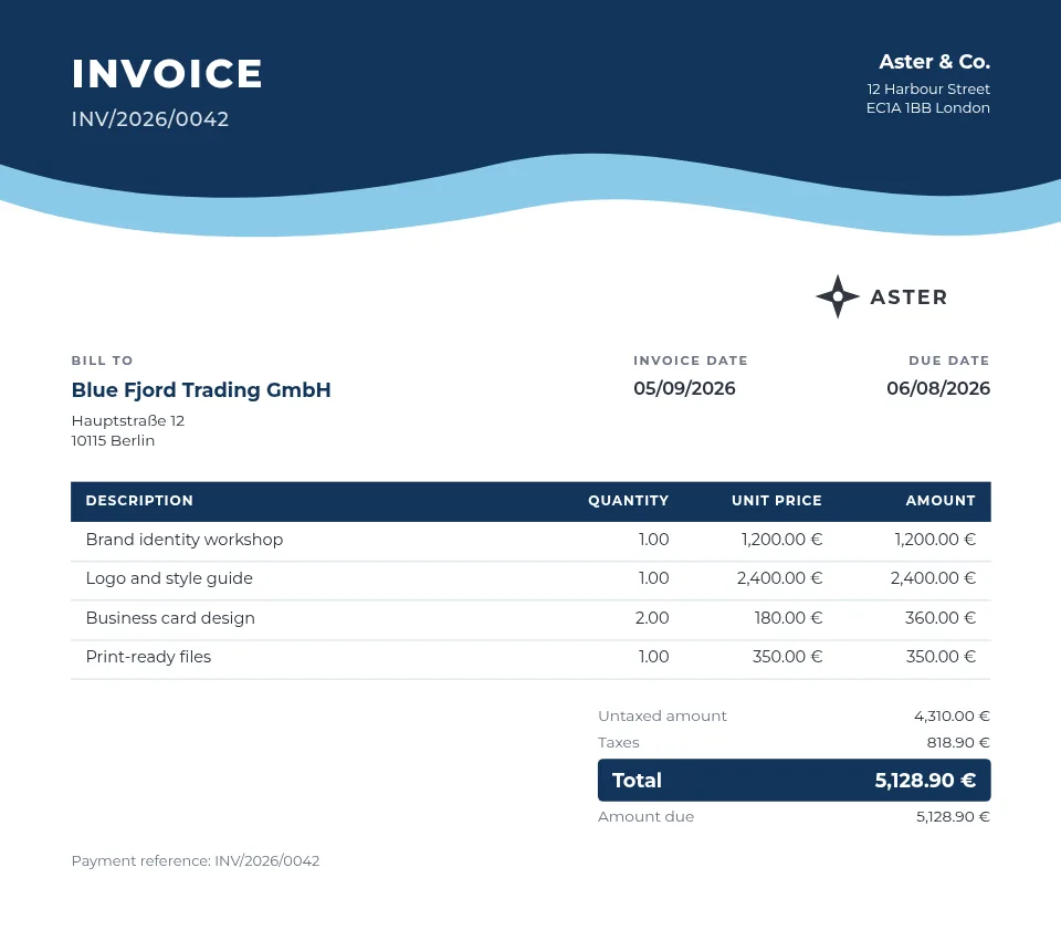 An invoice in the Wave style, filled with sample data