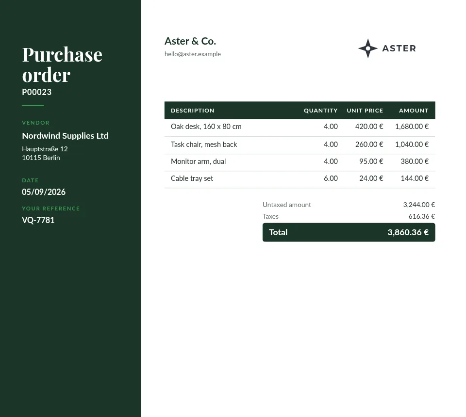 A purchase order in the Sidebar style, Forest palette, filled with sample data