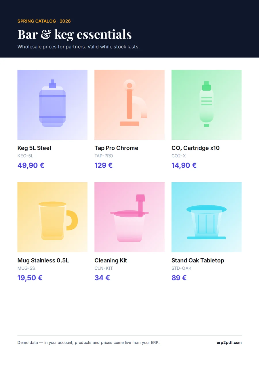 A catalog page built from six Odoo products, filled with sample data